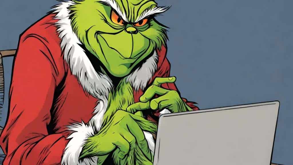 grinch sitting at laptop computer