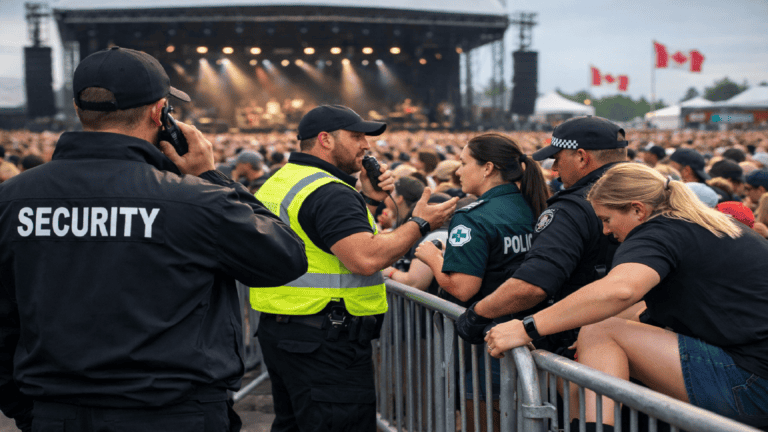 Security guards coordinating crowd control and communication at a large Canadian event with high attendee density.
